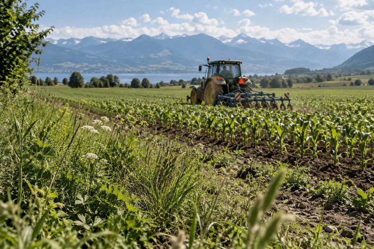 Tracteur dans un champ agricole suisse, illustration du lien entre agriculture et eaux souterraines